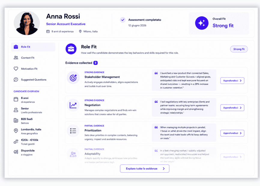 Candidate profile interface showing collected human evidence